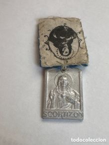 Antiques: MEDALLA SAGRADO CORAZÓN y NUESTRA SEÑORA DEL PILAR, CON ESCAPULARIO COSIDO